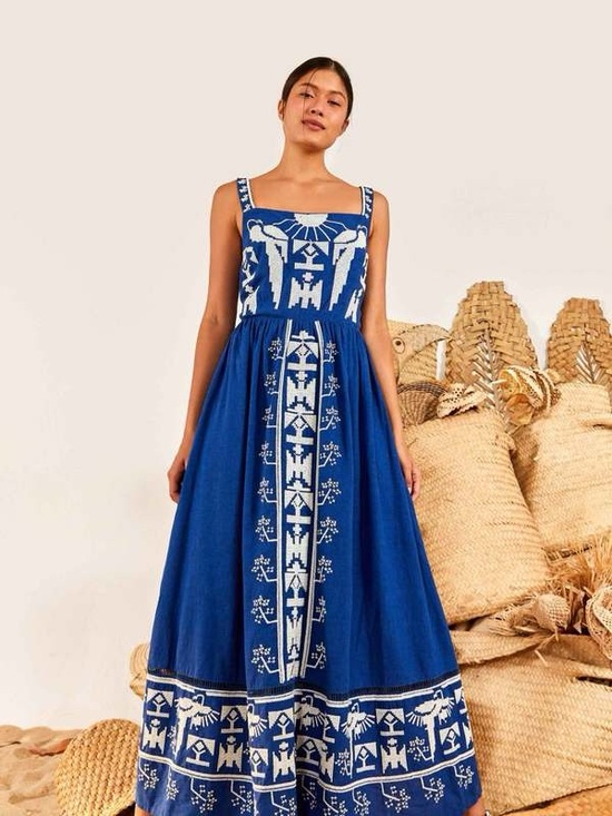 FARM Rio Dresses & Skirts - FARM Rio Blue Maxi Dress with White Embroidery